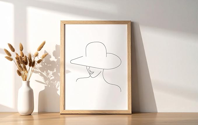 Elegant Woman in Hat Wall Art Minimalist Feminine Profile Continuous Line Drawing 8x10 Inch Oak Wood Beige Framed Chic Fashion Print for Vanity Bedroom