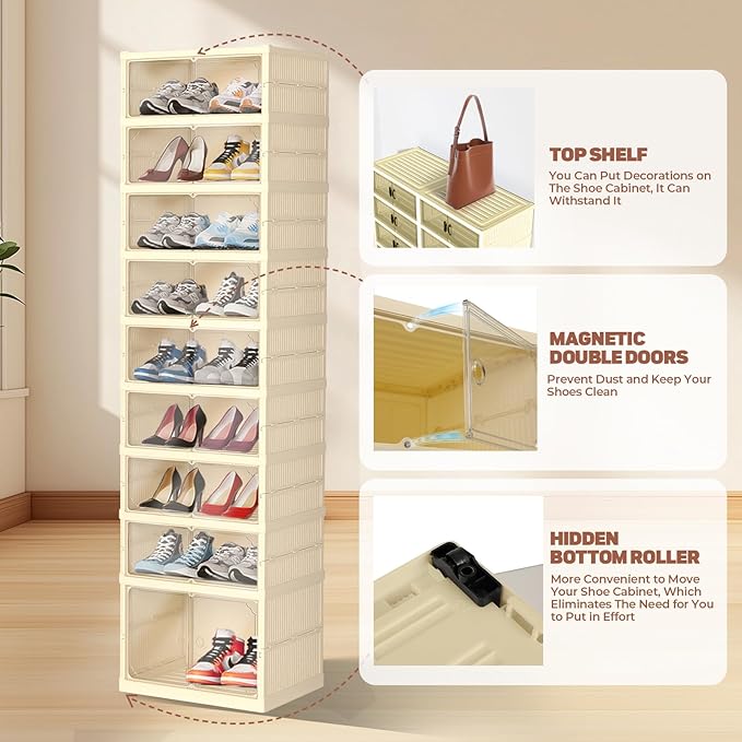 Dollate Shoe Organizer Storage Box,No-Assembly 9 Tiers Foldable Shoe Rack with Clear Door, Large Sneaker Cabinet Bins for Living Room, Cloakroom, Entryway