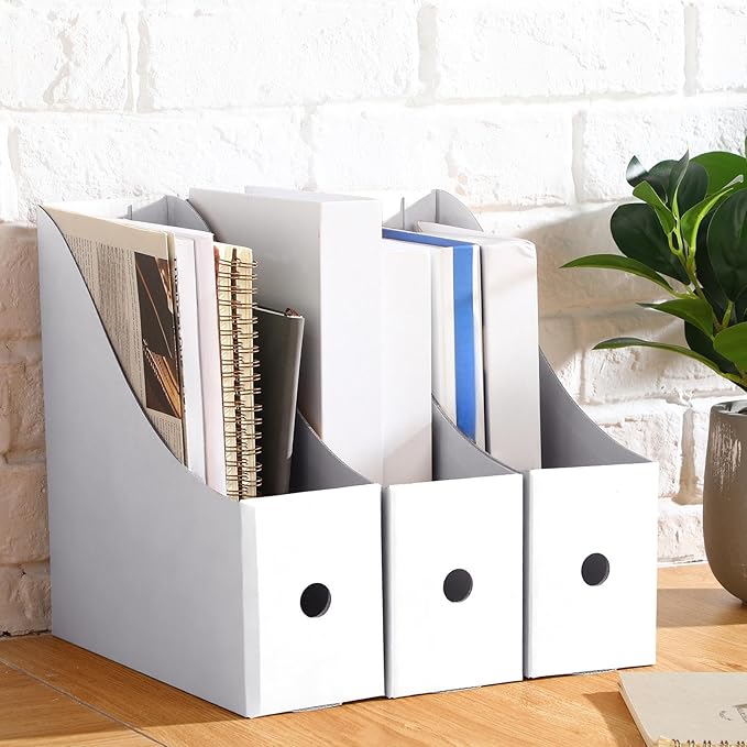 Thenshop 24 Pcs Cardboard Magazine File Holders Magazine Book Bin Box with Label Sticker Paper Organizer Storage Folder for Desk Shelves School Classroom Office Supplies(Classic,White)