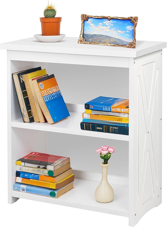 Natural Wood Bookshelf, 3 Tier Bookcase, Freestanding Display Storage Shelves Open Bookshelf for Bedroom, Living Room and Office (White, Table with Back)