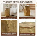 Fully Assembled Round Side Table with Gold Geometric Design & Wave Pattern, Solid Wood End Table Nightstand for Living Room, Bedroom, Office, 18 Inch (Geometric Natural Wood)