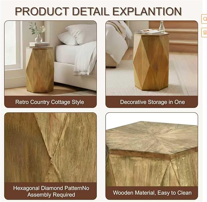 Fully Assembled Round Side Table with Gold Geometric Design & Wave Pattern, Solid Wood End Table Nightstand for Living Room, Bedroom, Office, 18 Inch (Geometric Natural Wood)