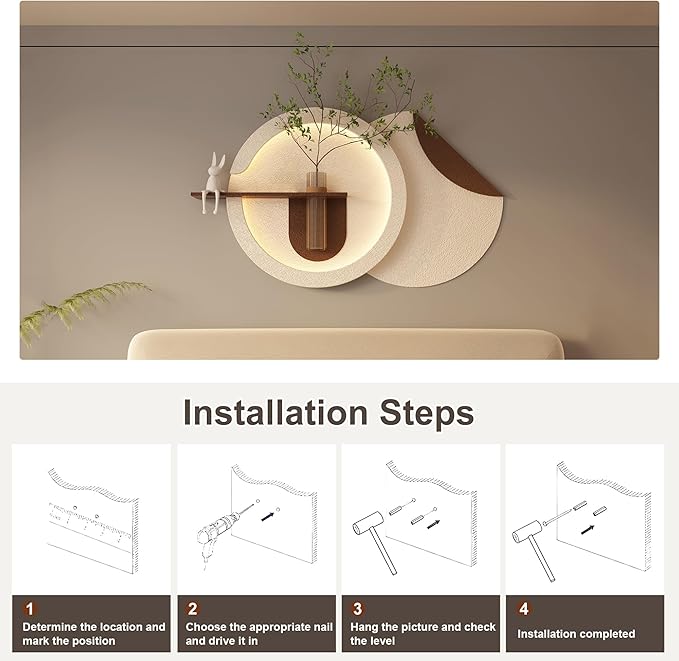 LED Sandstone Wall Decor, 3D Wall Art Sculpture, Simulated Green Plants, Glass Vase & Rabbit Statue, Remote Control 3 Color Light, for Living Room, Bedroom, Hallway(Light Coffee,41.4 * 23.6in)
