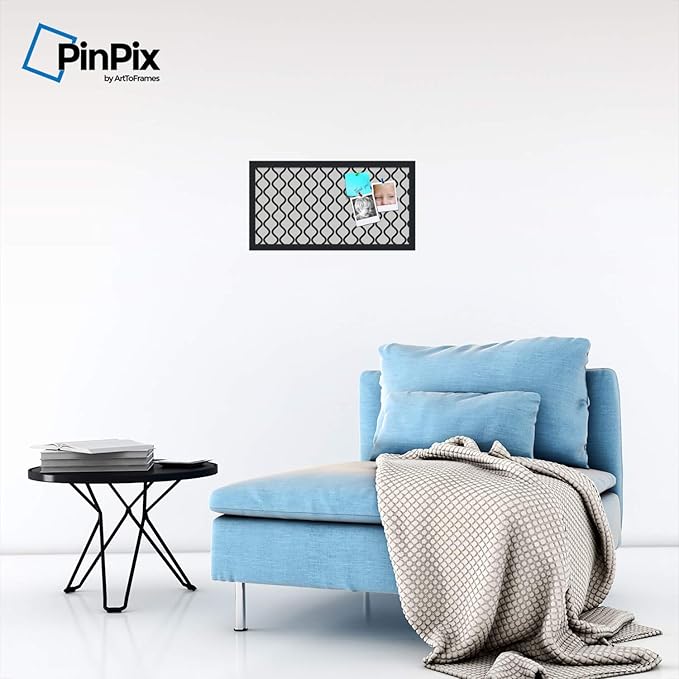 PinPix ArtToFrames 10x22 Custom Cork Bulletin Board Black and White Waves Poster Board Has a Fabric Style Canvas Finish, Framed in Satin Black (PinPix-194)