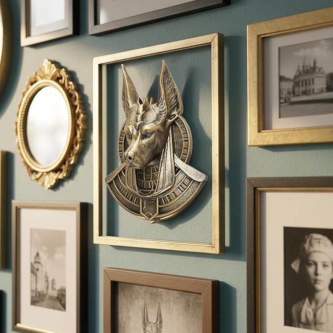 JJALIGHTS Animal Heads Wall Decor Anubis Resin Sculptures Anubis the Jackal-headed God Wall Hanging Decoration Imitation Copper vintage Wall Sculpture for Living Room Bedroom Office