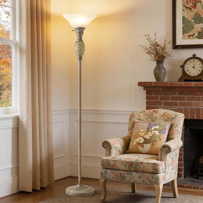 70" Torchiere Floor Lamps with NightLight - Victorian Style Vintage Floor Lamp for Living Room, Bedroom, Office - Retro Floor Lamps with Rotary Switch & Etched Glass Shade, Home Decor, Bulb Included