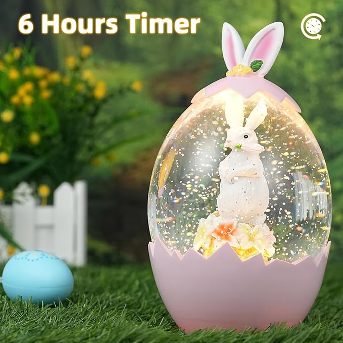 Easter Snow Globe Decorations for The Home Lighted Bunny Statue with Easter Eggs, Perfect Spring Decor and Gifts, Pink