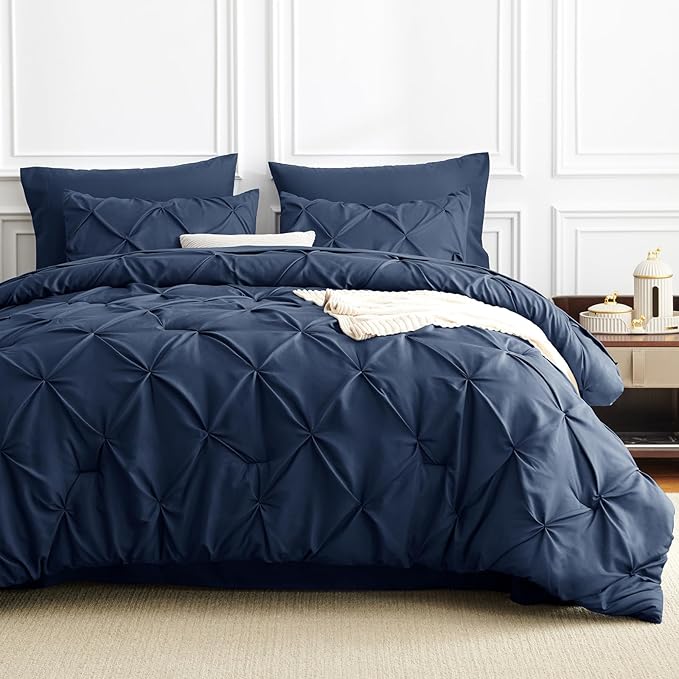 CozyLux King Size Comforter Set Navy Blue, Pintuck Bed in A Bag 7 Pieces, Pinch Pleat Bedding Sets with All Season Comforter, Pillow Sham, Flat Sheet, Fitted Sheet and Pillowcase, Navy Blue, King
