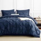 CozyLux Queen Comforter Set Navy Blue, 7 Pieces Pintuck Bed in A Bag, Premium Blue Comforter Queen Size, Pinch Pleat Bedding Sets with Comforter, Sheets, Pillowcases & Shams