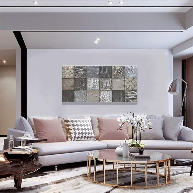 Alenoss 100% Handmade Abstract Metal Paintings Canvas Wall Art Unique Thick Texture Rough Surface Modern Oil Painting 48x24 Inches Imitation Old Handicrafts Grey Artwork