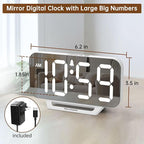 Peakeep Slim Digital Mirror Aesthetic Alarm Clock for Bedrooms Desk Decor, Plug in Electric Big LED Modern Small Clock for Office Living Room, Battery Backup, 6 Dimmers (White)