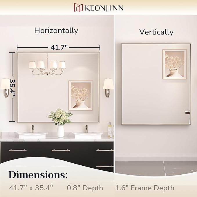 Keonjinn 42 x 36 in Brushed Nickel Mirror for Bathroom Sink, Rectangular Metal Framed Vanity Wall Mirror Square Corner Aluminum Alloy Modern Rectangle Silver Mirror for Over Sink(Horizontal/Vertical)