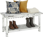Country Cottage 36-Inch Farmhouse Entryway Bench with Storage Shelf – Solid Pine Wood Bench in Distressed White for Hallway, Bedroom, or Mudroom by Alaterre Furniture
