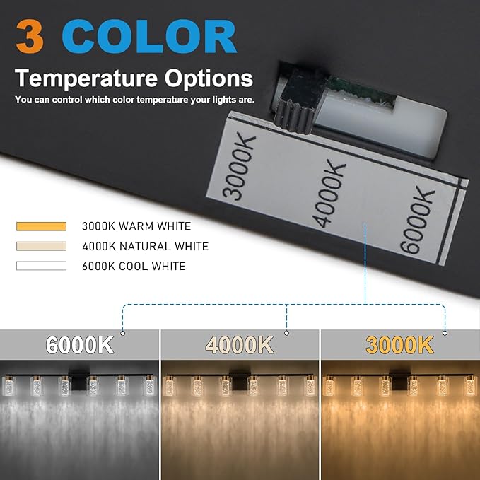 SineRise 6-Light Black and Gold Vanity Light with 3 Color Modes (3000K/4000K/6000K), Eye Protection LED Bathroom Light Fixture, Dimmable Modern Wall Light Over Mirror with Clear Glass Shade