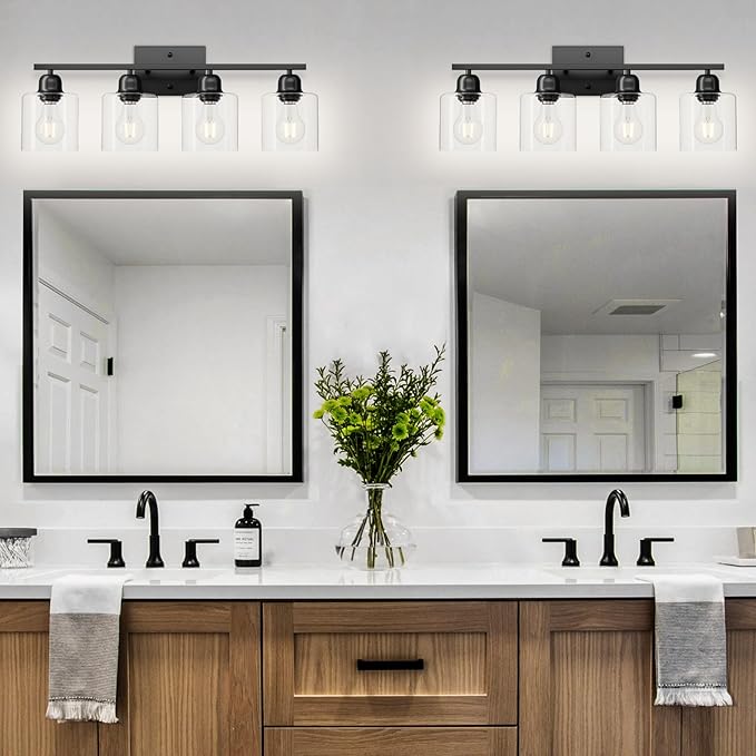 Modern 4 Light Bathroom Light Fixtures, 24 inch Black Vanity Lights for Bathroom with Clear Glass, Bathroom Vanity Light for Mirror Kitchen Living Room Hallway Cabinet Porch
