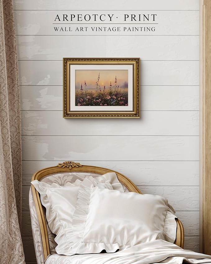 ARPEOTCY Vintage Gold Framed Wall Art Decor, 11x14 Inch Dawn Flower Field Painting Prints, Classical Victorian Wall Art for Living Room Bedroom Office, Antique Framed Bathroom Decor Aesthetic