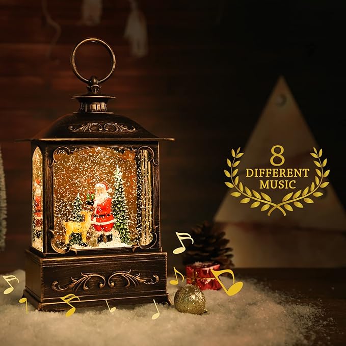 Christmas Lantern with USB+ Music Christmas Water Lantern Snow Globe Portable Creative Cute Christma Decorations and Charming Gifts (Elderly Deer)