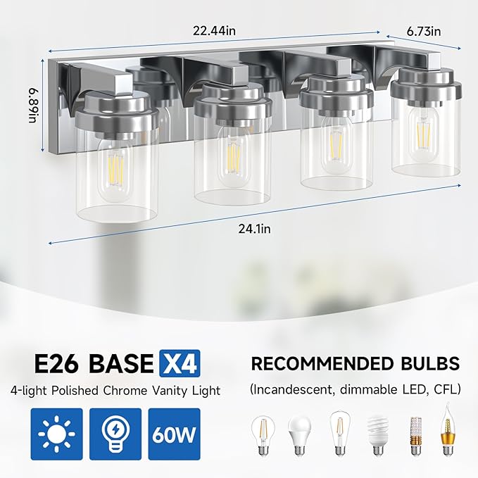 Chrome Bathroom Vanity Light, 4 Light Modern Vanity Lights with Clear Glass Shade, Farmhouse Bathroom Vanity Lighting Fixtures Over Mirror for Living Room,E26