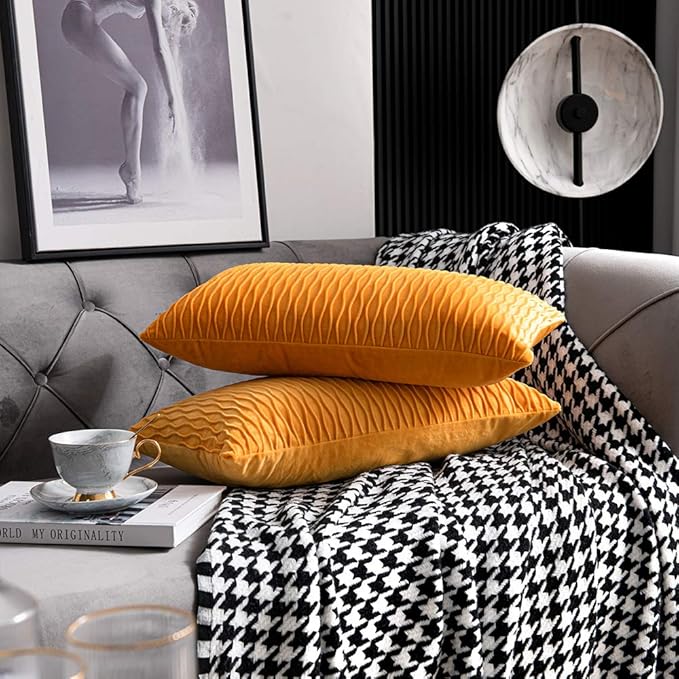 Fall Golden Yellow Couch Pillow Covers: 2 Pack 12x20 Inch Original Striped Polyester Rectangular Throw Pillow Cases for Farmhouse Home Decor