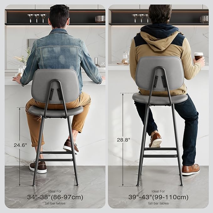 24-Inch Leather Bar Stools Set of 3, Counter Height Barstools with High Backrest，Bar Chairs for Kitchen Island with Heavy Duty Metal Base, Gray