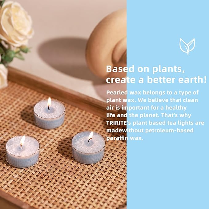 Unscented Plant Tealights Candles, 5 Hours Long Burning Blue Tea Lights Baby Shower Candle, Non-Paraffin, Smokeless, Mini Tealight Votive Candles for Wedding, Valentine's Day, Christmas, 12pcs