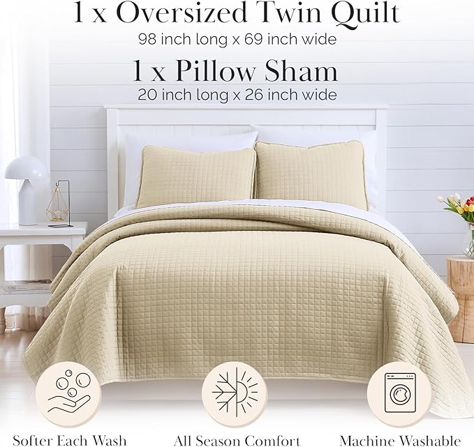 Southshore Fine Living, Inc. Twin XL Comforter Quilt Bedding Set, Dorm Room Essential Bedding, Stain Resistant, Machine Washable Bedspread, XL/Twin Beige Quilt Bed Spread w/Pillow Sham, Soft Sand