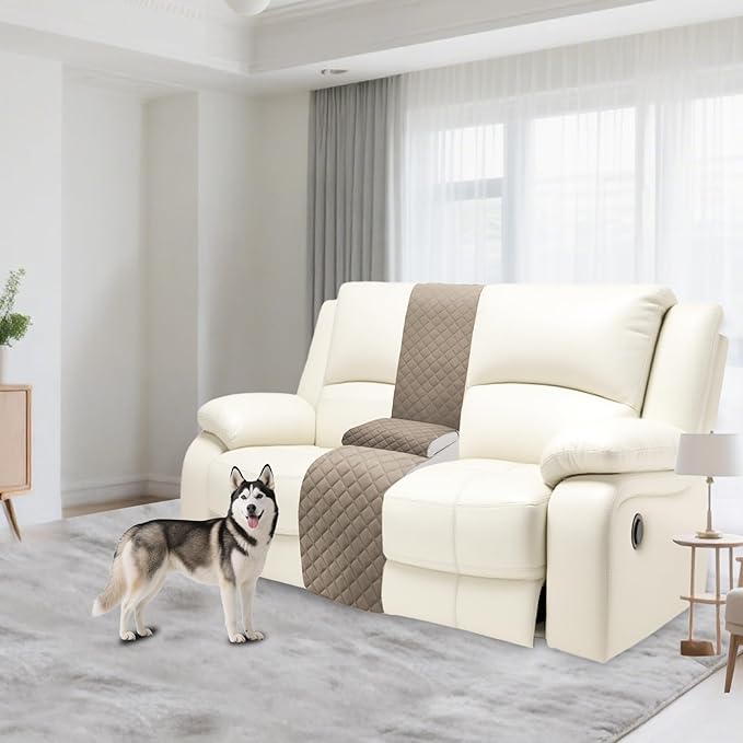 Reclining Sectional Couch Covers Velvet L Shape Recliner Sofa Middle Console Cover for Dogs Pets Washable Anti Slip 1 Additional Recliner Center Console Slipcovers (1 Console, Khaki)