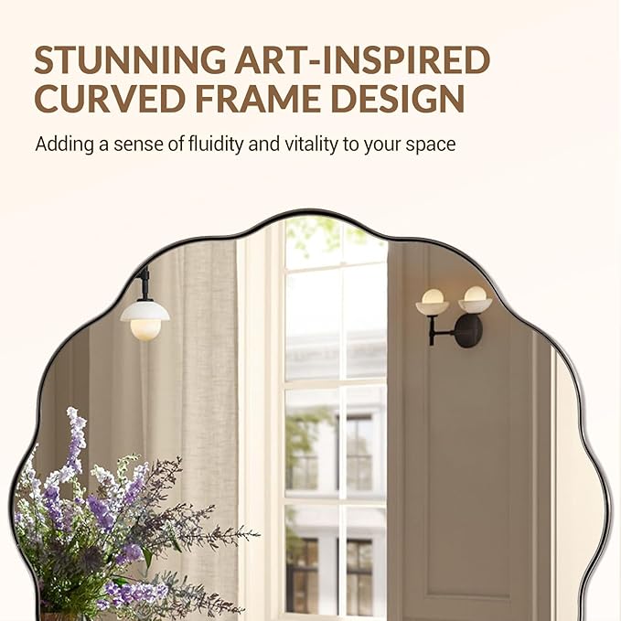 ANDY STAR Brushed Nickel Round Bathroom Mirror, 24 Inch Round Circle Mirror in Stainless Steel Metal Frame, Large Silver Frame with Unique Wavy Design