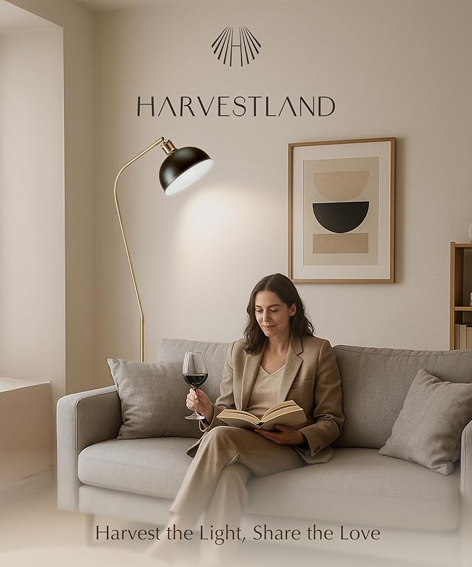 HarvestLand Halo Brass Floor Reading Lamp – Standing Reading Lamps with Solid Base, Black Reading Floor Lamp for Living Room, Bedside Table or Over Chair Use, Reading Light Standing Lamp