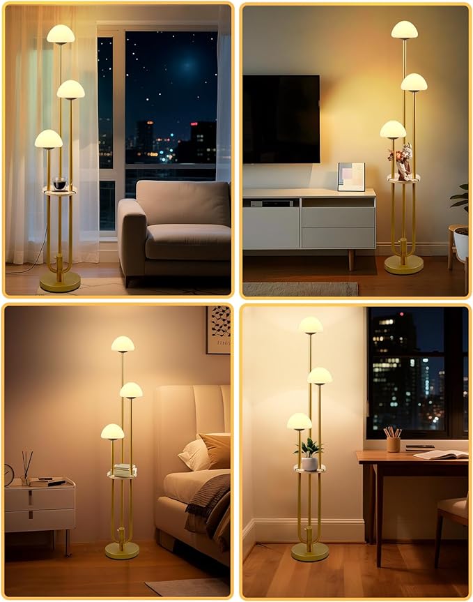 Lightdot Gold Dimmable Floor Lamp with Table, Modern Floor Lamps for Living Room, 3000K Warm Lights Tall Standing Lamp with Mushroom Shades & Bulbs Included for Bedroom/Sofa Beside/Corner Decor