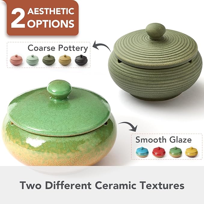 Ashtray with Lid for Outside Patio, Windproof Ash tray, Ceramic Smokeless Ashtray for Outdoor Home Office Tabletop Patio Outdoor Balcony, Dark Green