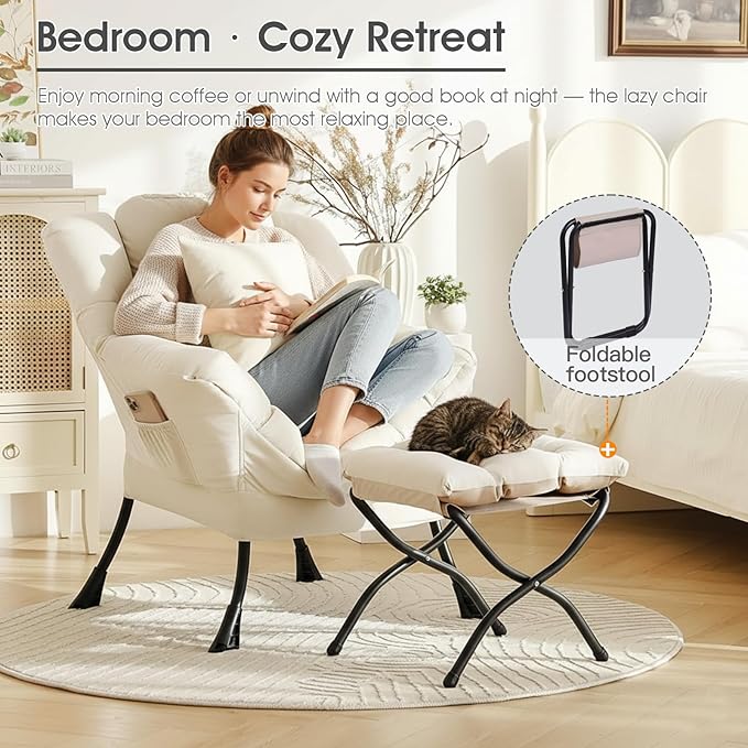 Lvory Lazy Chair with Ottoman, Large Velvet Lounge Accent Chair with a Throw Pillow, Comfy Leisure Sofa Chair for Living Room Bedroom Dorm Room Office Apartment Reading Relaxing Use