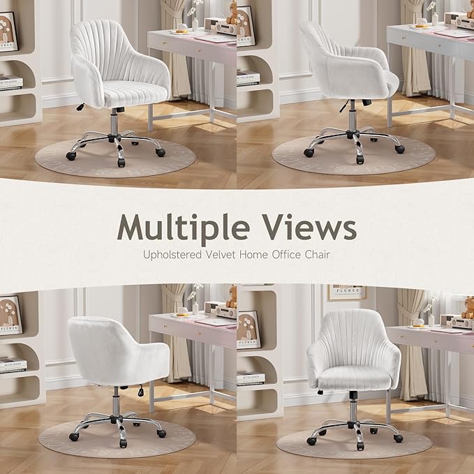 Warmiehomy Velvet Desk Chair for Home Office, Modern Adjustable Swivel Task Chair, Women Vanity Chairs with Arm Rest for Bedroom Dressing Room, White