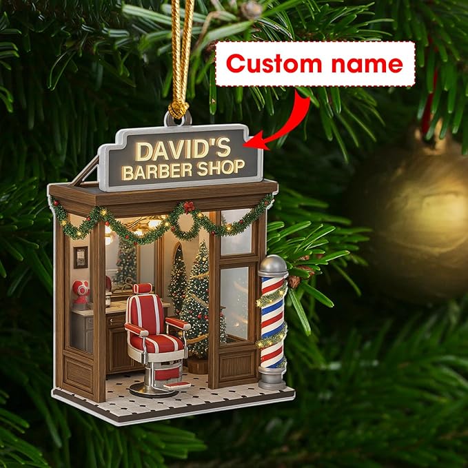 Personalized Barber Shop Christmas Ornament 2025, Flat Acrylic Custom Name Ornament, for Hairdresser, Stylist Keepsake, Hair Salon Tree Decoration