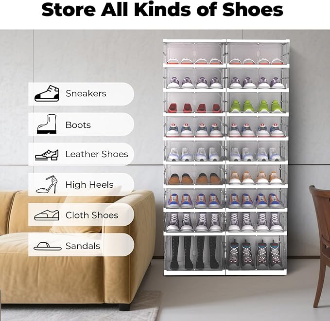 FAHKNS Foldable Shoe Rack,Portable Shoe Organizer Storage Cabinet with Magnetic Clear Door,No Assembly for Entryway Living Room and Bedroom 9 Tiers 16 Pairs