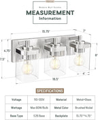 Bathroom Light Fixtures, 3-Light Vanity Light with Square Clear Glass Shade, Brushed Nickel Modern Wall Sconces, Vanity Lighting Fixtures Over Mirror, VL194-BN-3