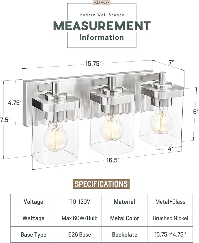 Bathroom Light Fixtures, 3-Light Vanity Light with Square Clear Glass Shade, Brushed Nickel Modern Wall Sconces, Vanity Lighting Fixtures Over Mirror, VL194-BN-3