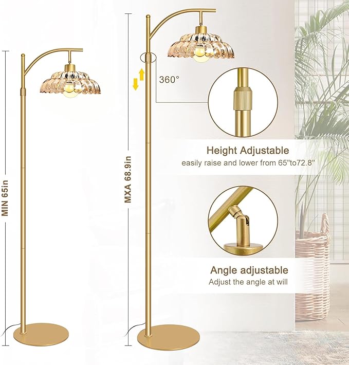 Floor Lamp with Amber Glass Shade, Dimmable Standing Lamp with Remote, Gold Floor Lamp for Living Room,Bedroom, Mid Century Tall Lamp with 12W LED Bulb