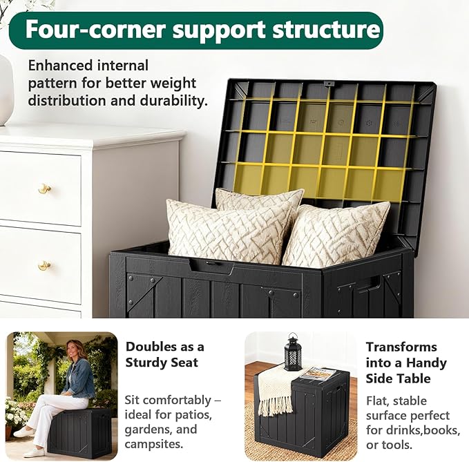 Outdoor Storage Box,30 Gallon Deck Box Outdoor Storage Bench Outside Waterproof Resin Storage Bench, Lockable Patio Cushions, Garden Tools Storage For Furniture, UV Resistant(Black)