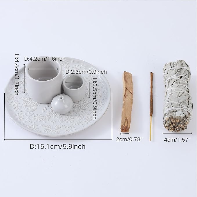 5 in 1 Incense Holder Burner, 5.9" Ceramic Holder for Burning Palo Santo Sage Candle and Incense Sticks Cones, Ash Catcher Tray for Meditation Room Home Décor(White)