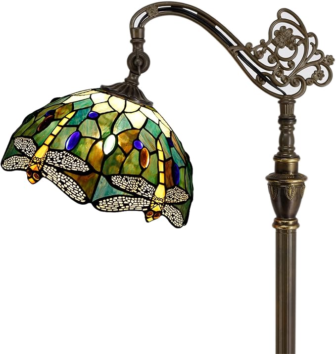 Tiffany Floor Lamp Stained Glass Lamp 18.88X12X67 Inch Angle Adjustable Arched Gooseneck Antique Reading Light (Amber Yellow Dragonfly)