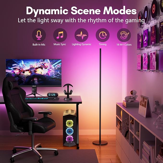 luckystyle Smart RGB+IC Corner Floor Lamp,Bright LED Tall Modern Floor Lamp with APP and Remote,Ambient Lighting Color Changing Standing Lamps with Music Mode and Timing for Living Room,Bedroom,Party