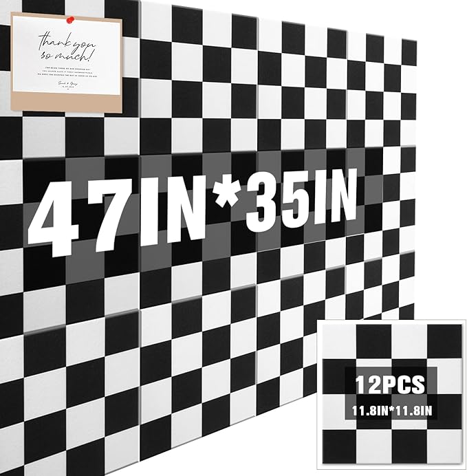 Geyoga 12 Pcs Cork Board for Wall 12 x 12 Inch Retro Black and White Checkered Bulletin Board Acoustic Wall Panels Boho Felt Tiles Cute Self Adhesive Hanging Decor for Office Home Classroom(Classic)