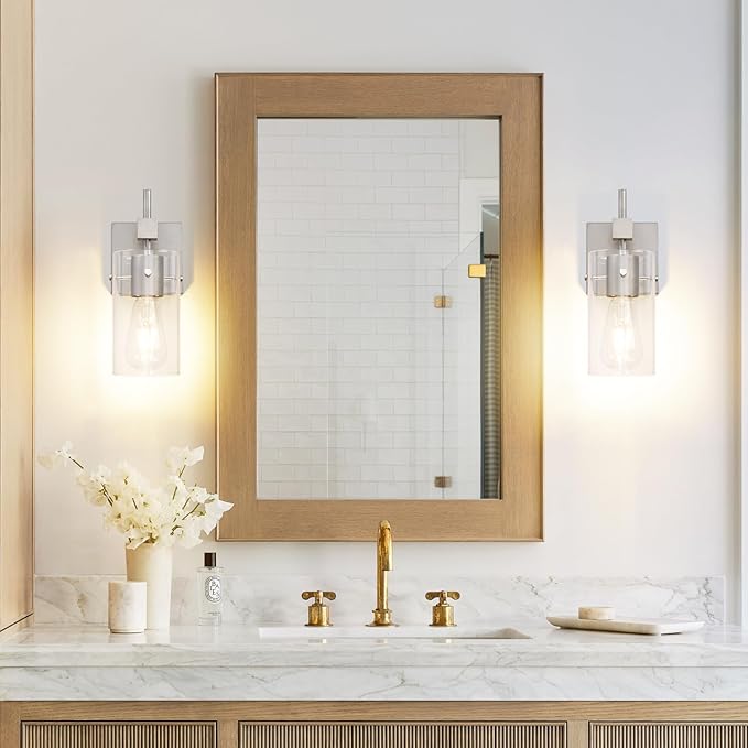 SOLFART 1 Light Vintage Vanity Light Brushed Nickel Bathroom Light Fixture Over Mirror for Bath Glass Shade Wall Light Modern Light Fixture