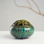 Incense Burner with Calabash Incense Stick Holder - Porcelain Charcoal Censer for Use with Resin Granular Powder Cone or Coil Incense (Kiln-Colored Blue)
