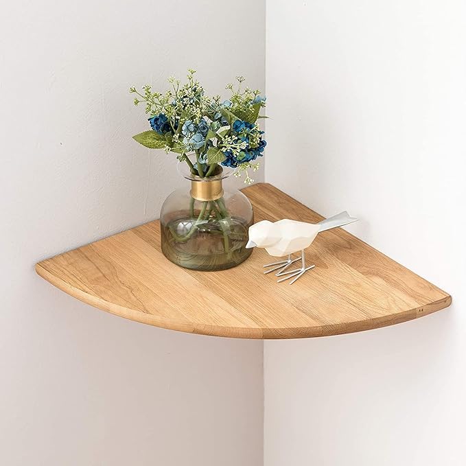 Corner Shelf, 12inch Solid Oak Wood Floating Corner Shelves Wall Mount Round End Floating Speaker Shelf with Wire Hole for Small Plant Photo Frame for Bedroom Kitchen, Living Room