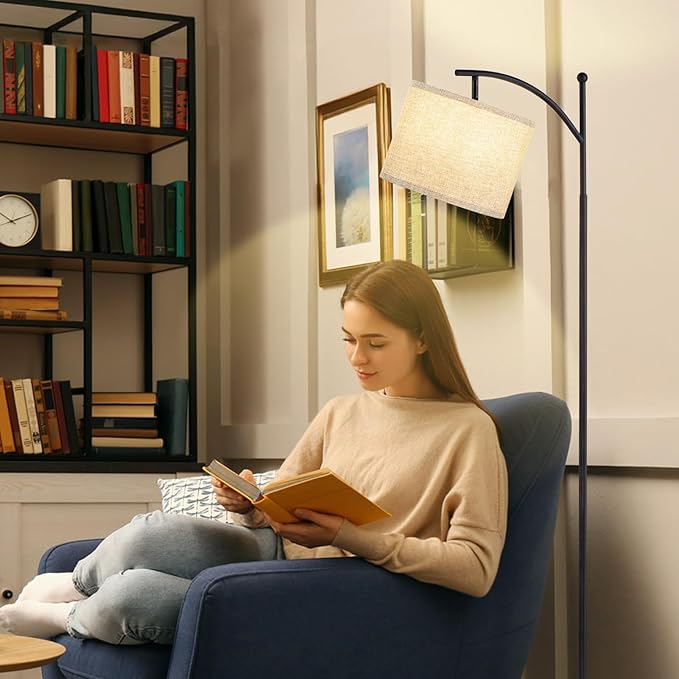 Ambimall 60" Floor Lamps for Living Room with 3 Color Temperatures, Adjustable Grey Shade with Black Pole, Tall Lamps for Living Room Bedroom Office Classroom Dorm Room, 9W Bulb Included