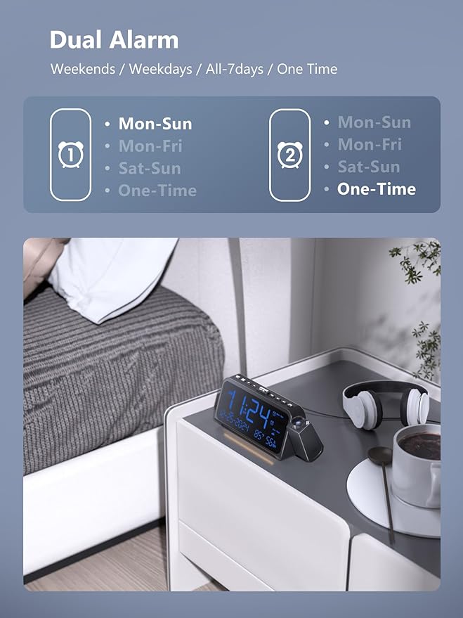 Projection Alarm Clock for Bedroom, Alarm Clock with 350° Rotatable Projector, 5 Brightness, Dual Alarm with Weekday/Weekend Mode, Temp & Humidity, Snooze, Bedside Alarm Clock for Heavy Sleepers(Blue)