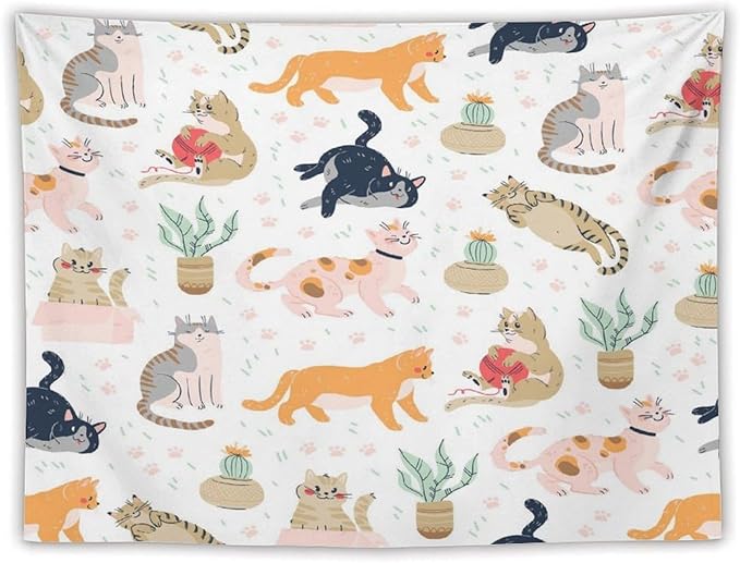 VUMIVI Cute Cat Tapestry Kids Hand-Painted Doodles Colorful Illustrations Potted Plants Paw Prints Tapestry Wall Hanging for Living Room Bedroom Dorm Classroom Aesthetic Decor W80xL60in