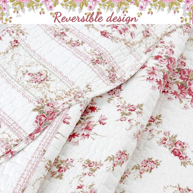 ozy Line Home Fashions Floral Reversible 100% Cotton Bedding Quilted Throw Blanket, Reversible & Lightweight, 60" x 50" Inch (Throw, Vintage Rose)